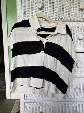 We The Free Black & White Striped Rugby Polo